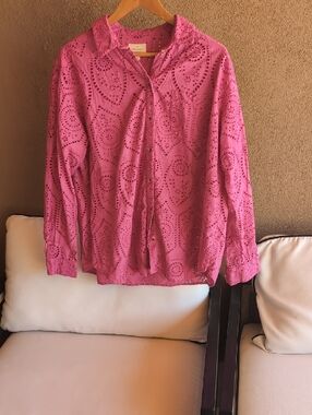 Sezane Pink Eyelet Button-Down Shirt 100% Cotton